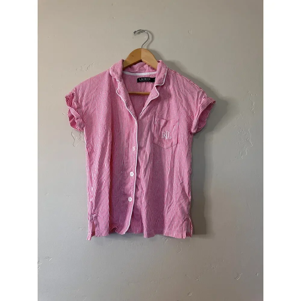 Lauren Ralph Lauren Short Sleeve Notch Collar PJ Set Pink Stripe Small